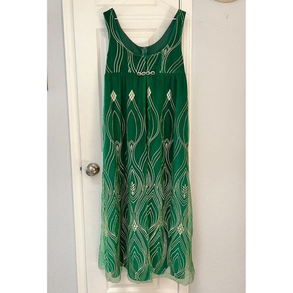 Empire Waist Gown Dress Women's Medium Green Beaded Split Front Fairy Whimsigoth